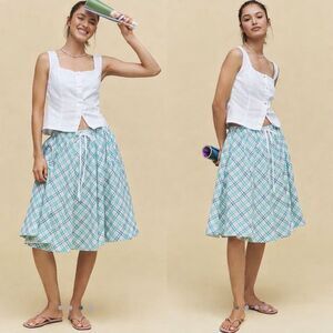 Maeve Green White Plaid Cotton A-Line Skirt XS Drawstring Lined Cottagecore Boho